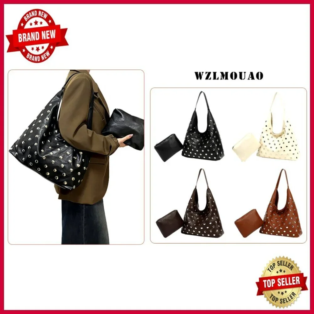 Vegan Leather Studded Hobo Tote Bag, Slouchy Shoulder Purse